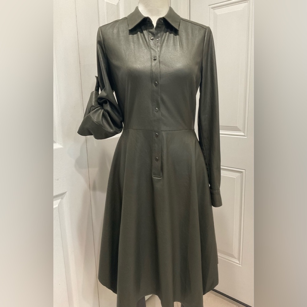 🍏BCBGMaxAzria  Women’s Dark Olive Faux Leather Handkerchief Hem Dress, S